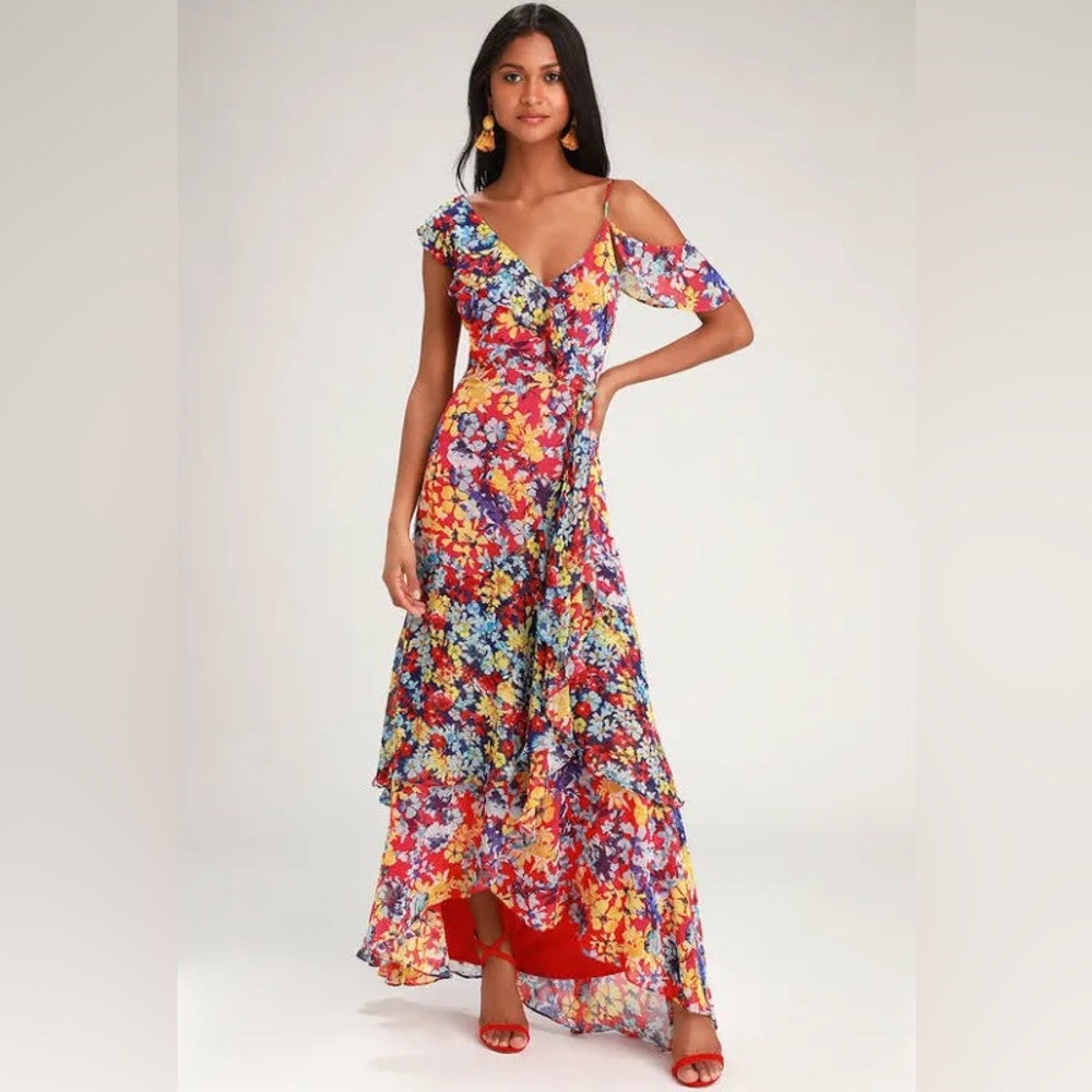 Lulu’s Floral Print Chiffon Maxi Dress Sz L NWT